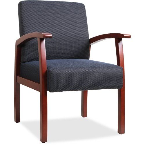 an office chair with wooden arms and arm rests on a white background the chair has a dark blue upholstered fabric seat