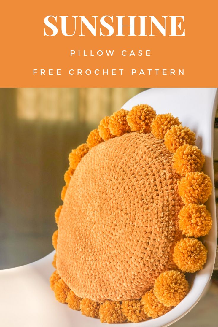 a crocheted sunflower pillow on a white chair with text overlay that reads, sunshine pillow case free crochet pattern