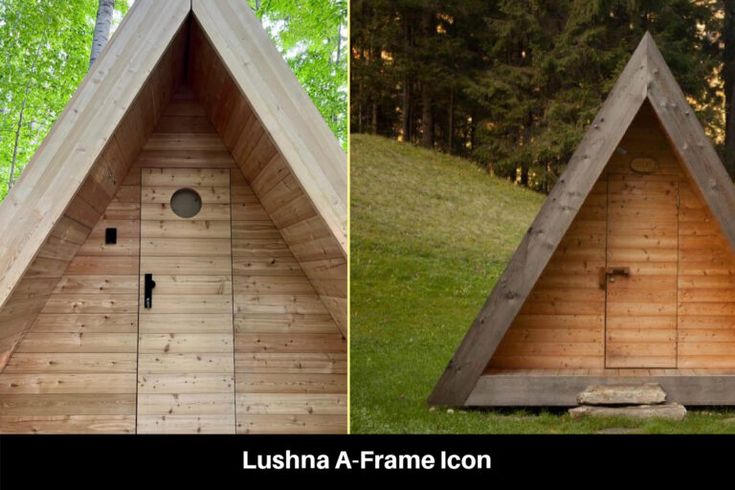 two pictures side by side one has a wooden cabin and the other has a door