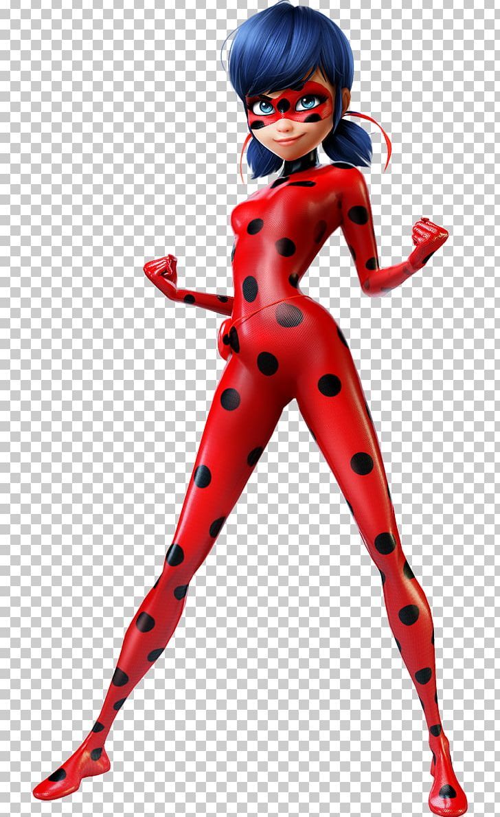 a ladybug cartoon character with blue hair and black polka dots on her body