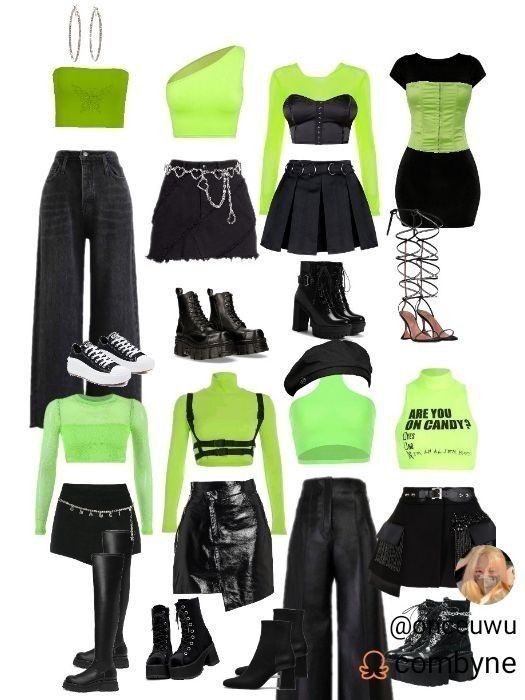 Dama Dance Outfits, Korean Fashion Concert, Dance Preformance Outfits, Outfits To Wear To Kpop Concerts, Neon Green Outfit Ideas, Neon Kpop Outfit, Got7 Concert Outfit, Neon Group Outfits, Neon Green Concert Outfit