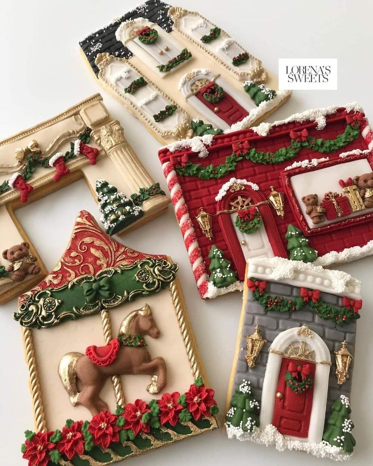 four decorated gingerbread houses with christmas decorations