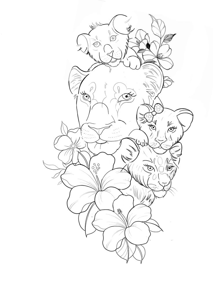 a black and white drawing of flowers with animals on it's head in the center