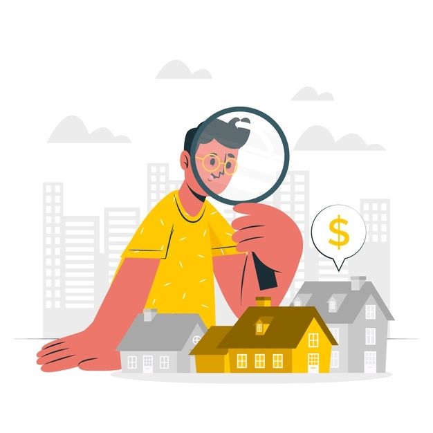 a man looking through a magnifying glass at a house with a dollar sign