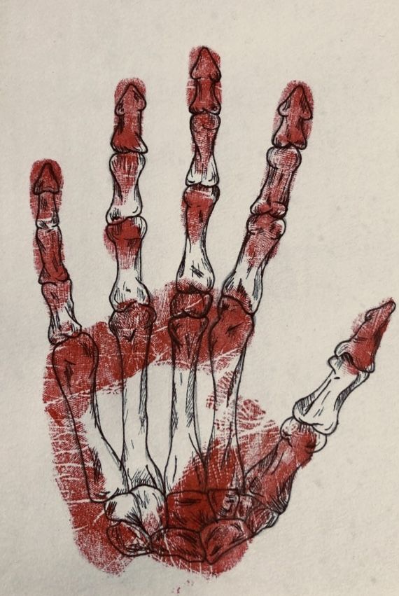 a drawing of a hand with red paint on it