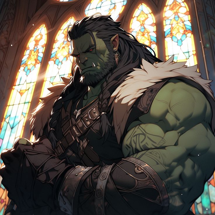 an image of a man that is in front of a stained glass window with his hands on his hips