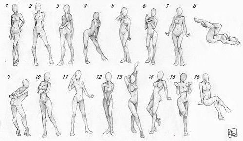 an image of a woman doing different poses and body shapes in the same drawing style