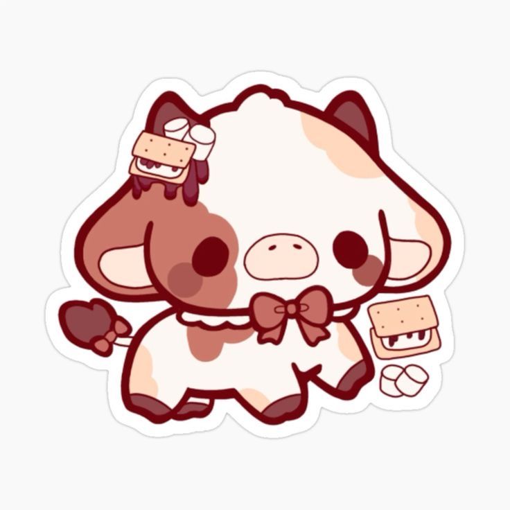 a sticker with a cow wearing a bowtie and holding a piece of bread