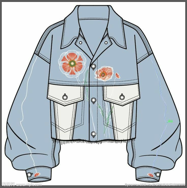 a drawing of a denim jacket with flowers on the front and side pockets, all in different colors