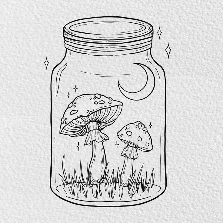 a jar filled with mushrooms sitting on top of a white paper covered wall next to a black and white drawing of a mushroom