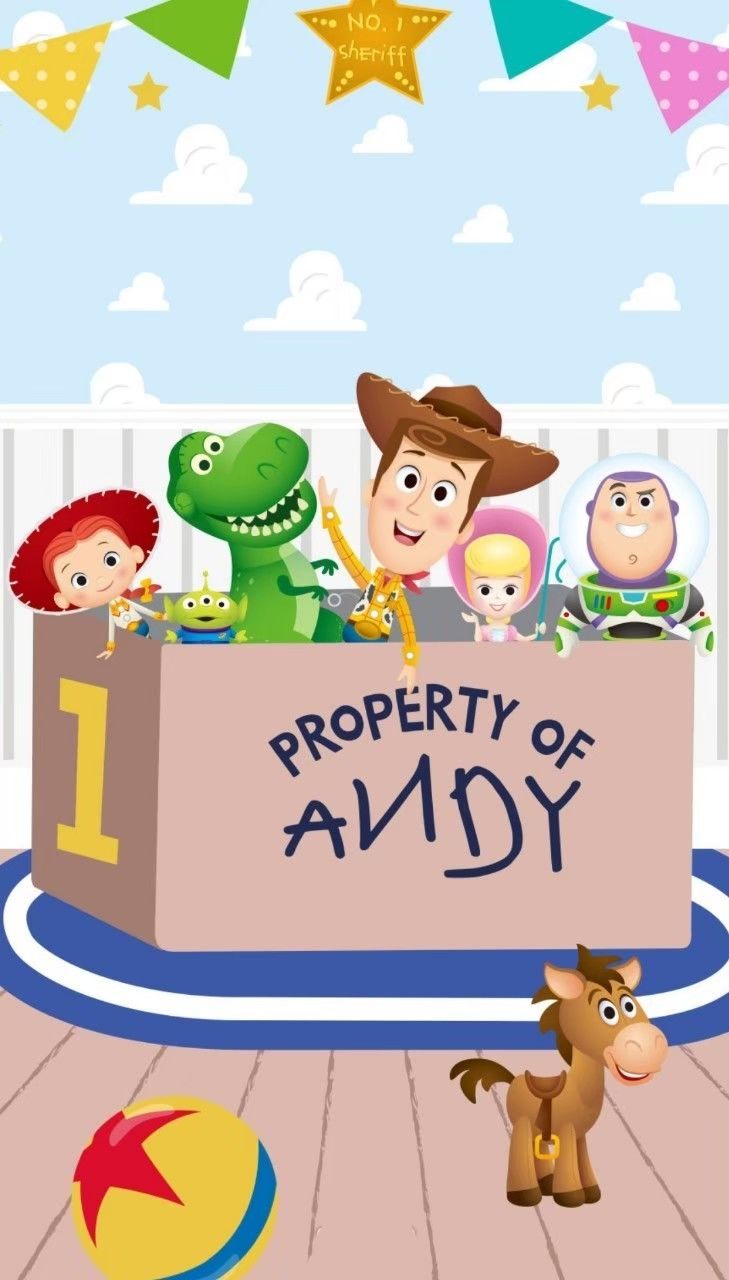 the cartoon characters are in front of a sign that says property of andy and is surrounded by toys