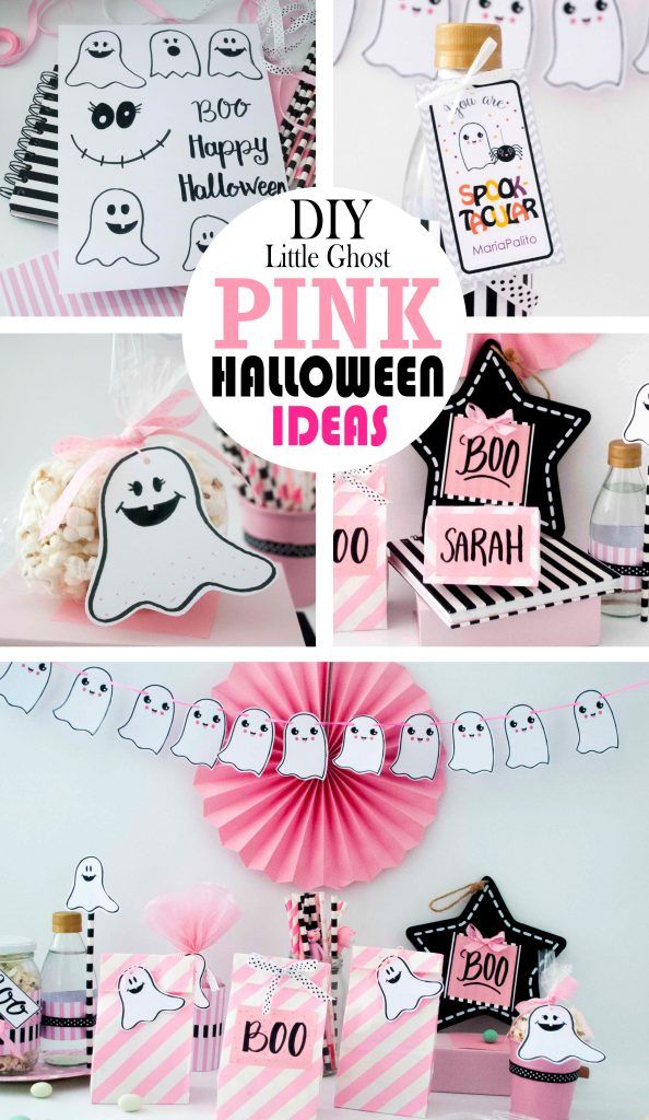 pink and black halloween party with ghost decorations, cupcakes, candy bar wrappers