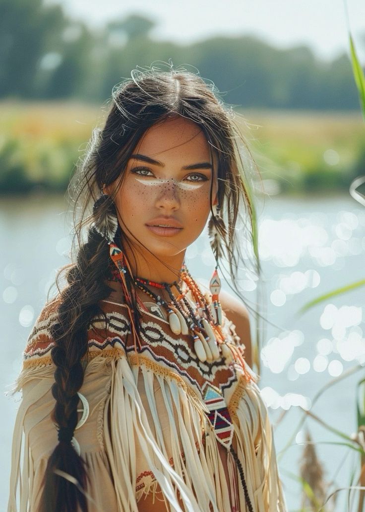 a woman in native clothing standing by the water with her hair pulled back and eyes closed