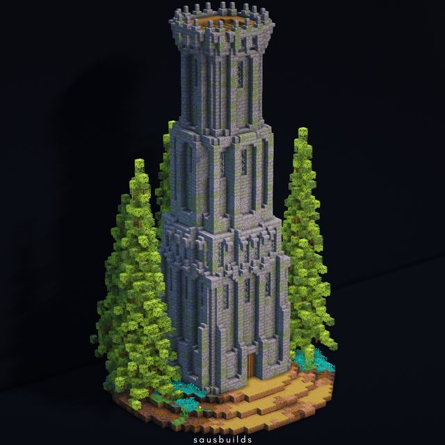 a very tall tower with trees around it on a black background in low poly style