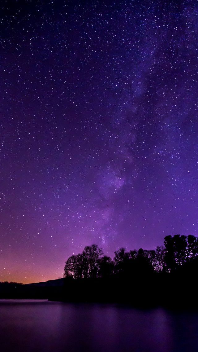 the night sky is filled with stars above water and trees in the foreground, as seen from across the lake