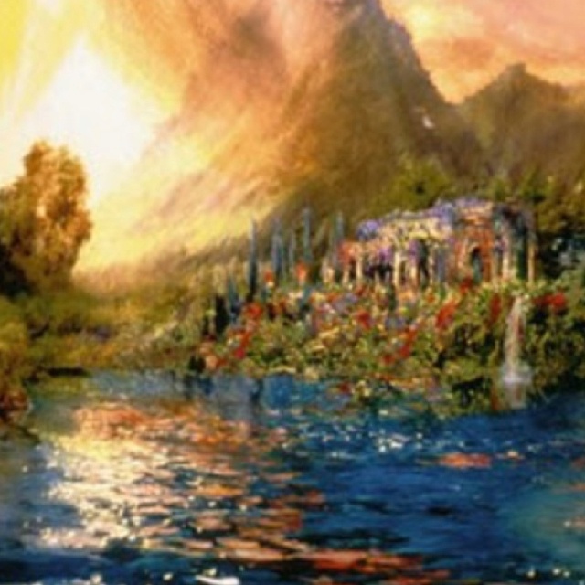 a painting of a mountain lake with flowers in the foreground