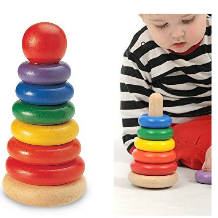 a toddler playing with a stack of colorful wooden toys and an image of a striped shirt