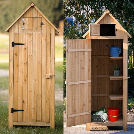 two pictures of different types of outdoor wooden storage cabinets and one showing the same type of wood storage cabinet