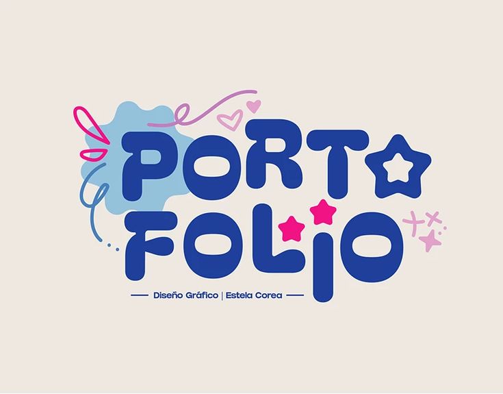 the word porta folio written in blue and pink with stars on it