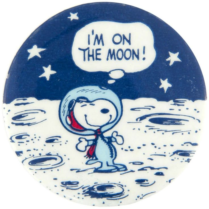 a blue and white plate with an image of a cartoon character on the moon, saying i'm on the moon