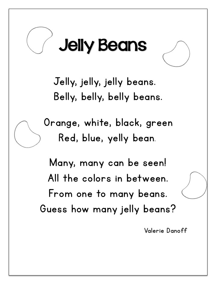 jelly beans poem with the words jelly beans written in black and white, on a white background