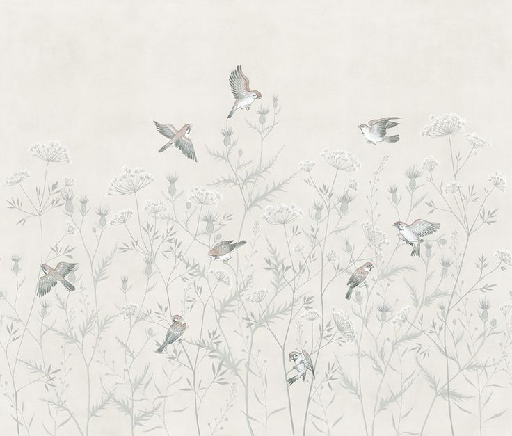 some birds are flying in the air near flowers and plants on a white wallpaper