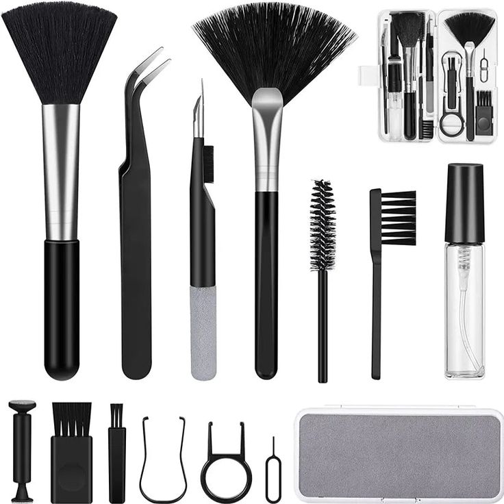 an assortment of makeup tools including brushes and combs