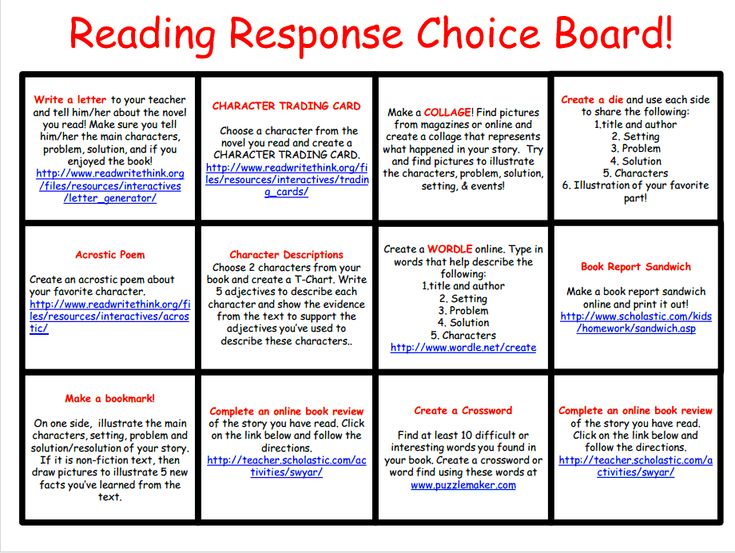 the reading response choice board is shown in red and blue, with text on it