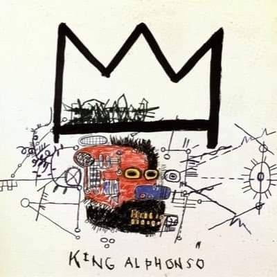 a drawing of a person with a crown on top of their head and the words king alphonso written below it