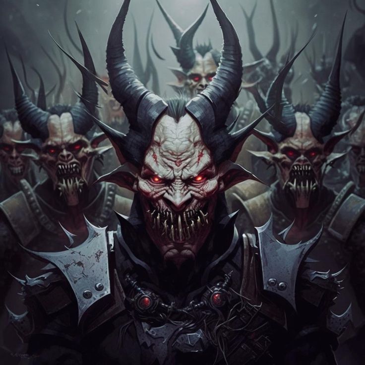 a group of demonic men with horns on their heads