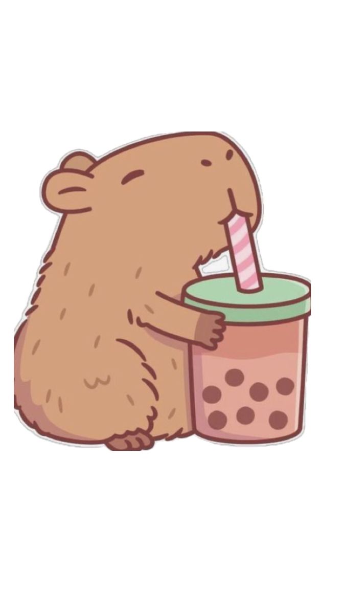 a brown bear drinking out of a cup with a straw in it's mouth