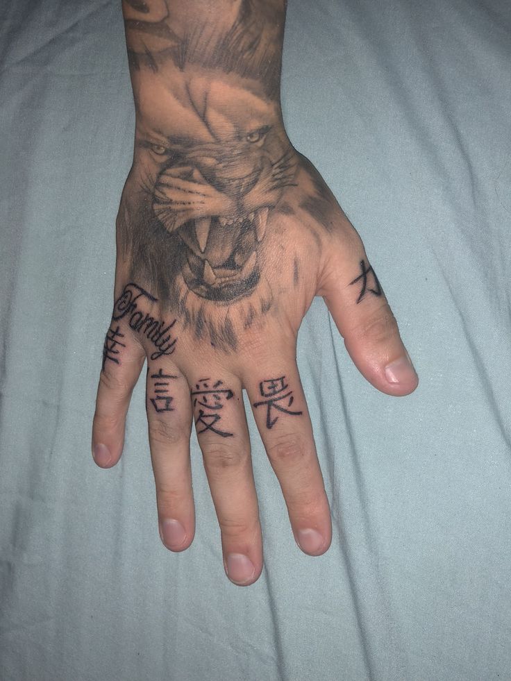 a man's hand with tattoos on it and an image of a tiger in the middle