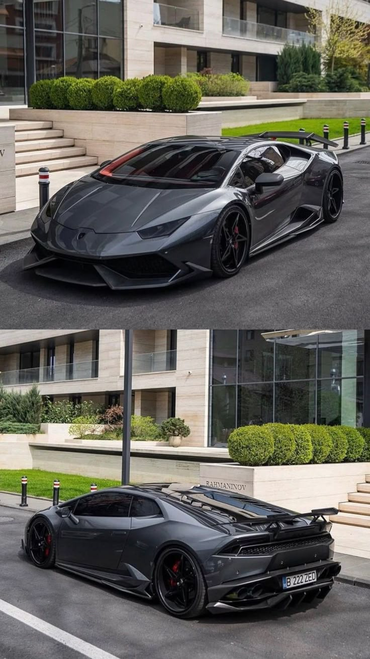 two different views of a black sports car parked in front of a building with steps leading up to it