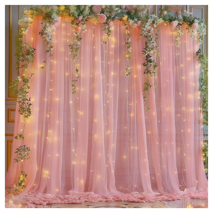 the curtain is covered with flowers and lights