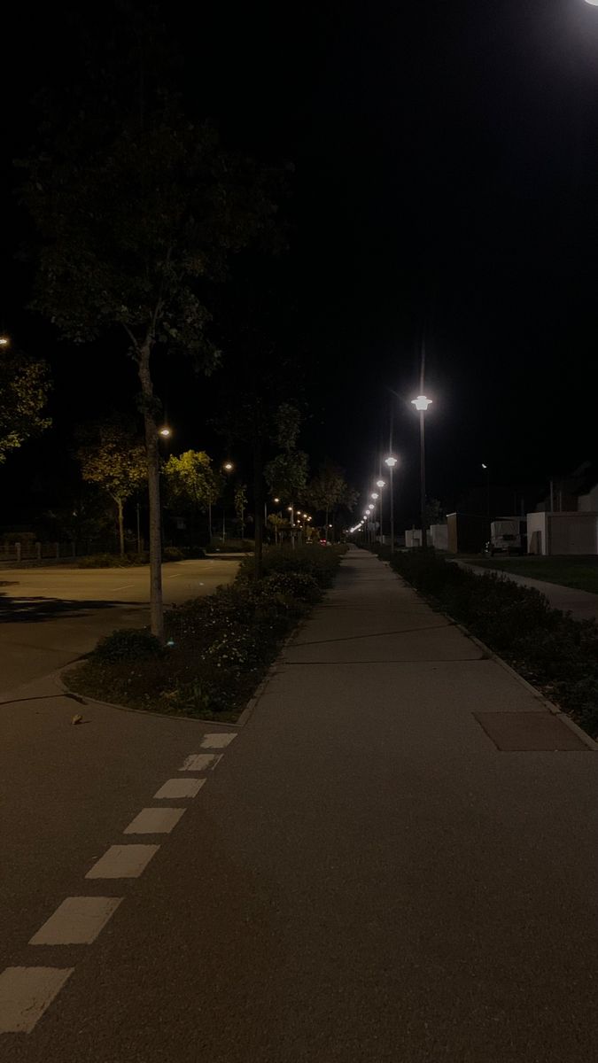 an empty sidewalk at night with street lights on the side and trees in the background