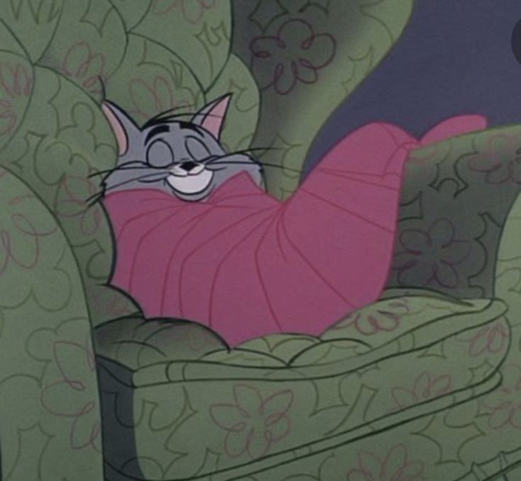 a cartoon character laying in a chair with a pink blanket on it's back