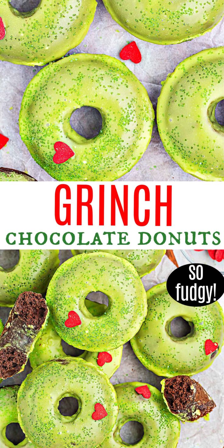 chocolate donuts with green icing and sprinkles on them for valentine's day