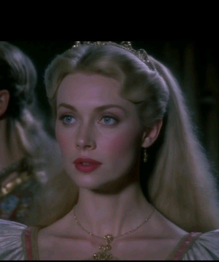 a woman with blonde hair and blue eyes wearing a tiara in a scene from the princess bride