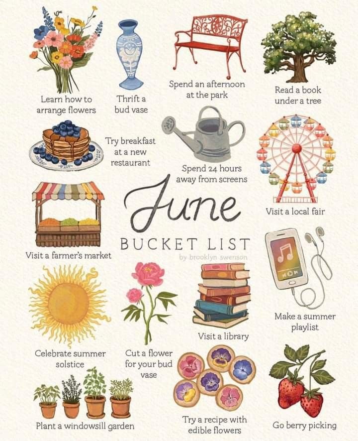 an illustrated poster with the words june bucket list