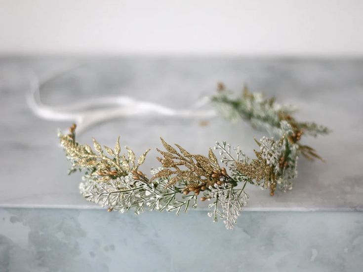 Winter Crown White Gold Flower Crown Gold Leaf Headband | Etsy Leaf Headband Wedding, Winter Crown, Gold Flower Crown, Winter Wedding Decor, Gold Leaf Headband, Leaf Headband, Wedding Flower Crown, Half Crown, Artificial Leaves