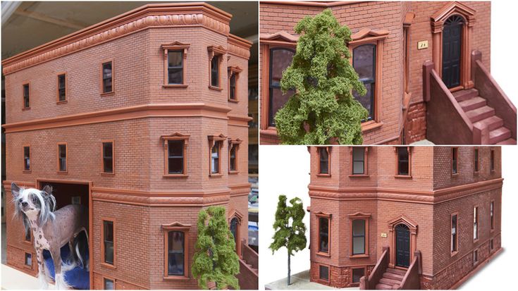 four different shots of a building with trees and stairs