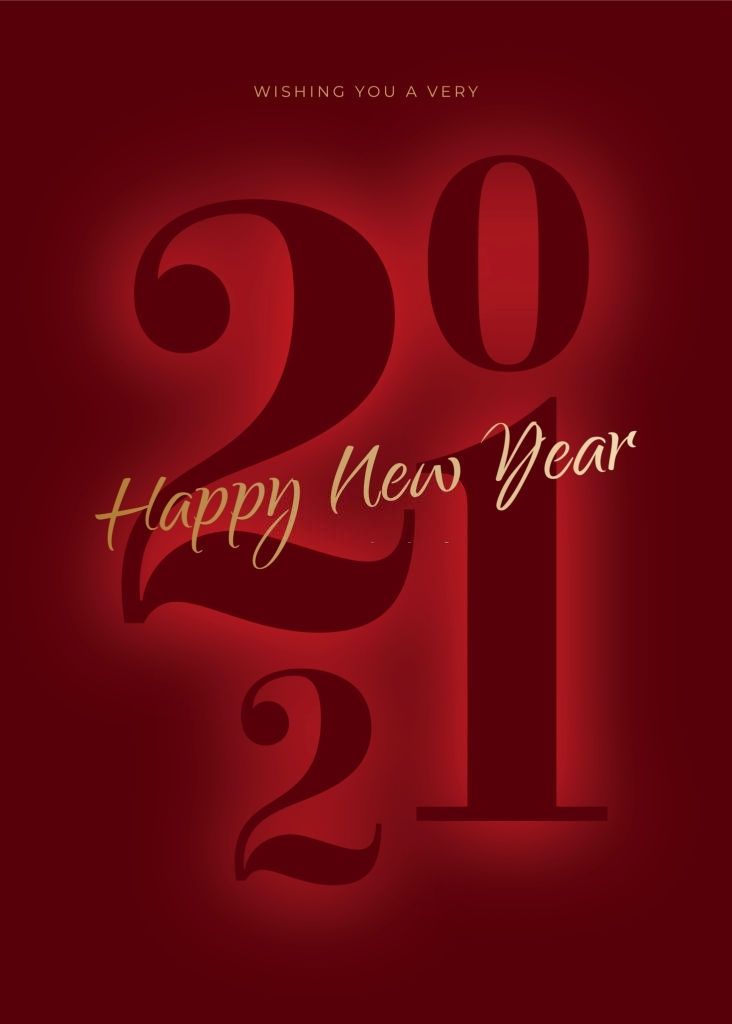 a red and gold happy new year card with the number 21 on it's side