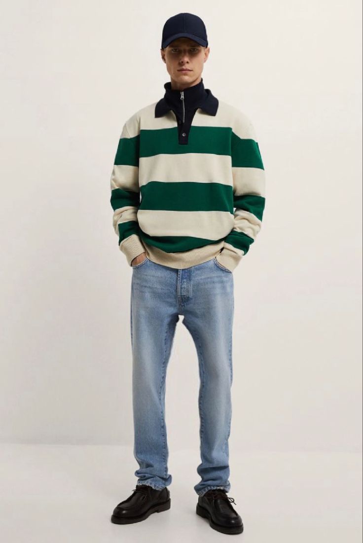 Ootd Sweater, Striped Sweater Outfit, Polo Fashion, Street Fits, Outfit Zara, Clothing Guide, Polo Rugby Shirt, Streetwear Fits, Sweater Outfit