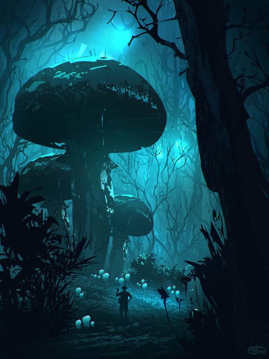 a man standing in the middle of a forest next to a large mushroom shaped structure