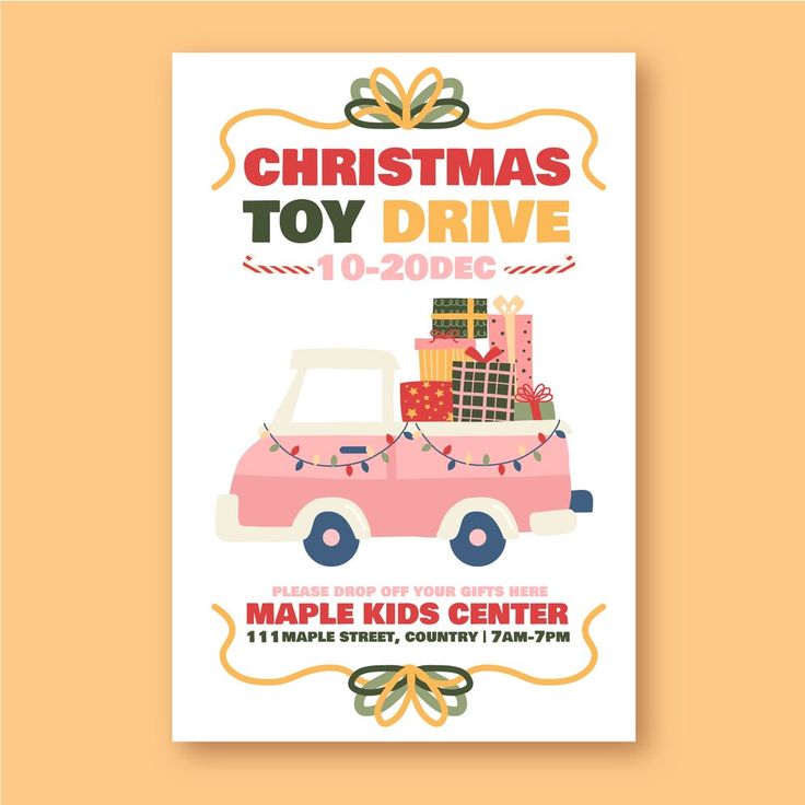 a christmas toy drive poster with presents on the back of a pink car and ribbon