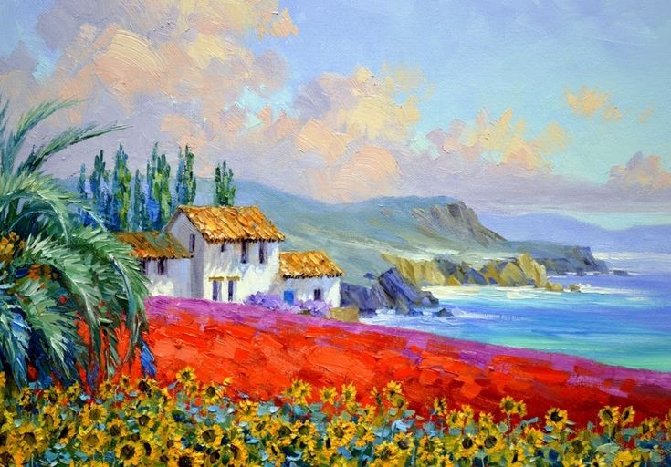 a painting of a house by the ocean with sunflowers in front of it