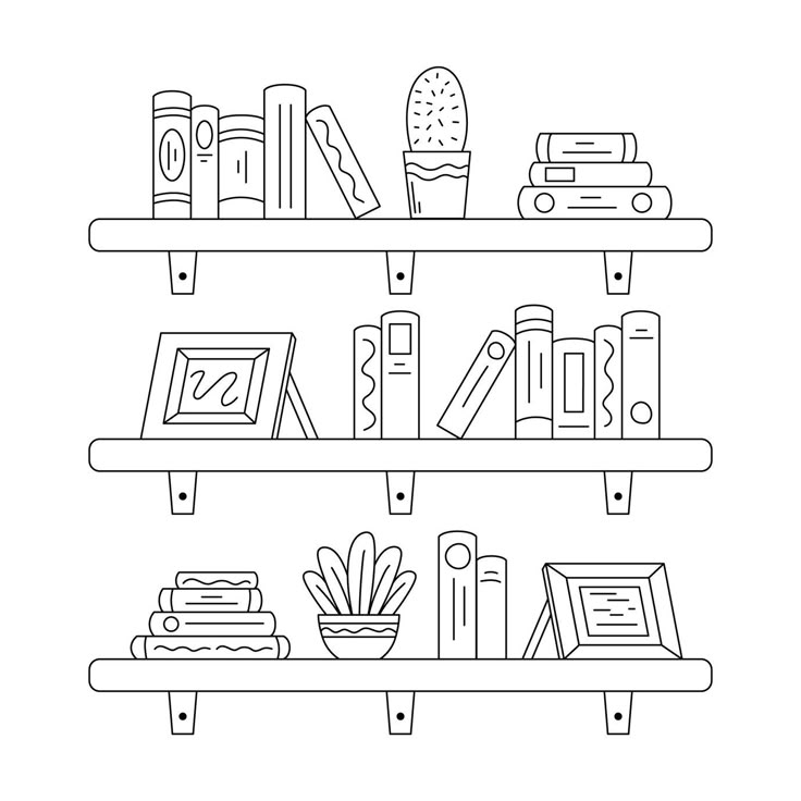 shelves with books, plants and other things on them are outlined in black and white