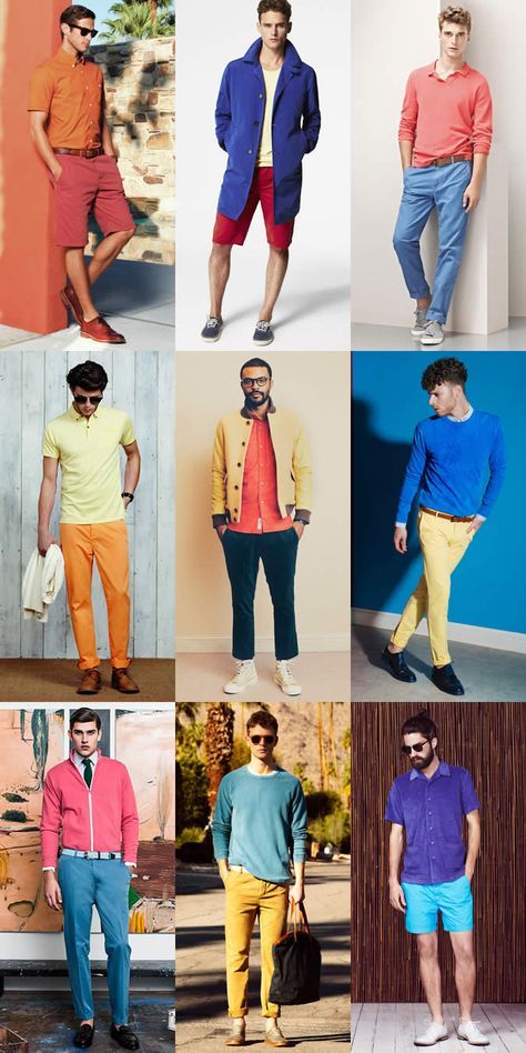 Complimentary Colors Outfits Men, Colorful Sneakers Outfit Men, Man Colorful Outfit, Men Color Blocking Outfits, Colorful Outfit Ideas Men, Color Block Men Fashion, Colorful Business Casual Men, Bright Colour Outfit Men, Bright Mens Fashion