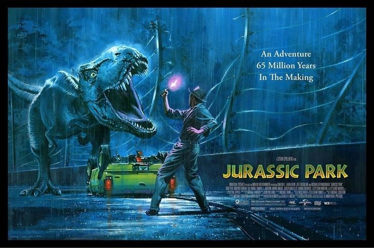 a movie poster for the film jurasic park with two men in front of a dinosaur