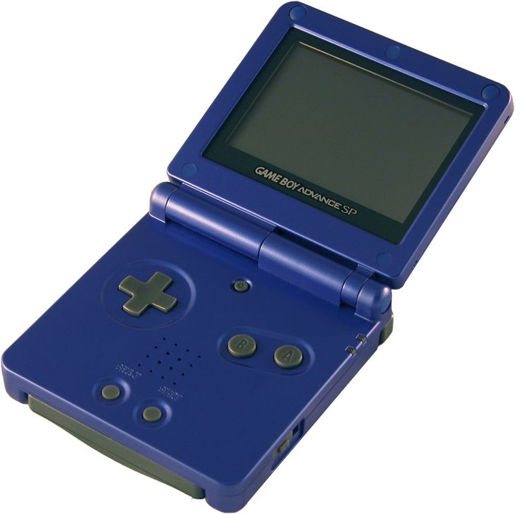 an old style gameboy with a blue case and buttons on the front, sitting upright